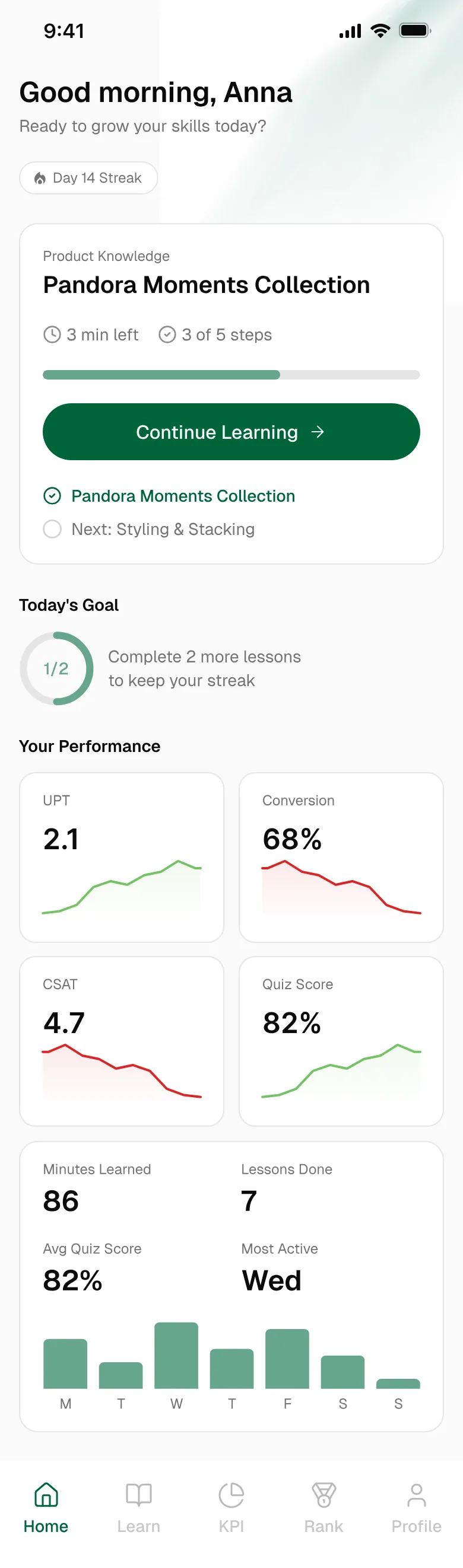 Kaitri home screen showing the current lesson, daily goal and performance tiles