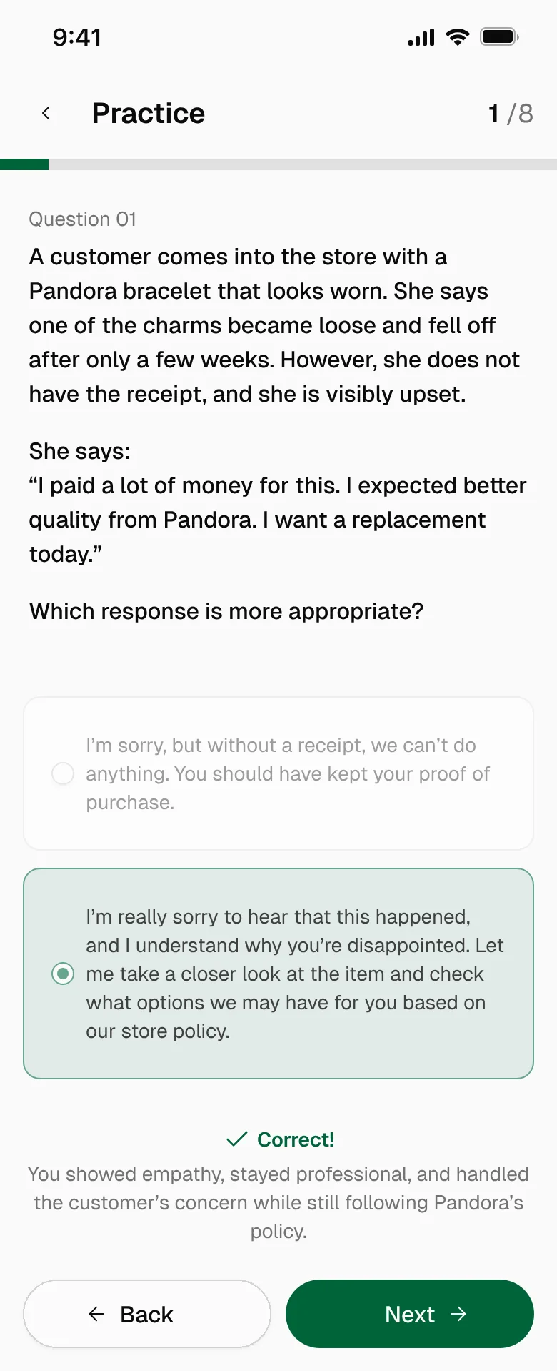 Kaitri scenario screen: an upset customer, two possible replies, and feedback on the choice