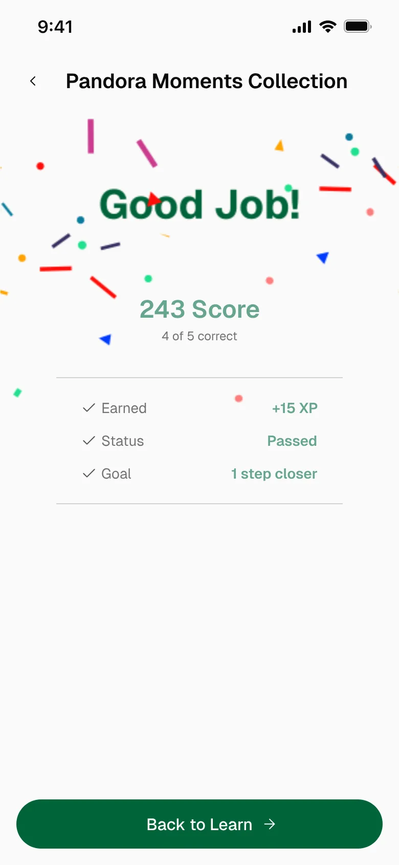 Kaitri result screen showing score, XP earned and pass status