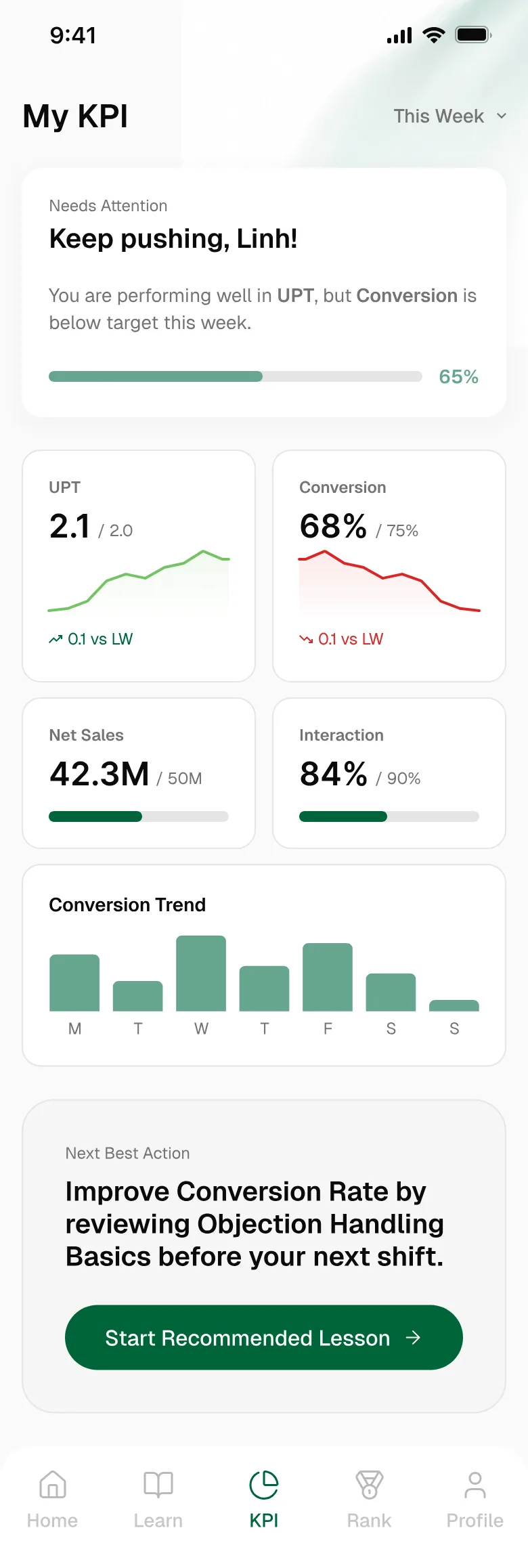 Kaitri KPI screen showing UPT, conversion, net sales and a recommended lesson